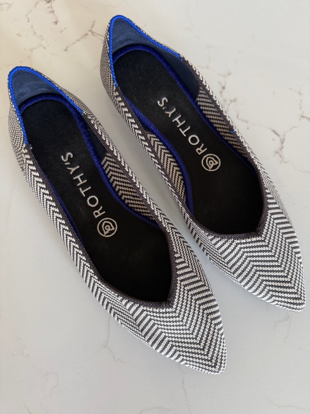Rothy's Pointed Flat in Black, White Chevron Pattern